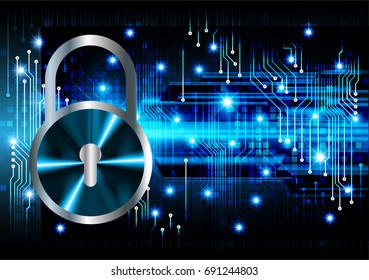 Safety concept, Closed Padlock on digital, cyber security, Blue abstract hi speed internet technology background illustration. key, sci fi vector