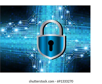 Safety concept, Closed Padlock on digital, cyber security, Blue abstract hi speed internet technology background illustration. key, sci fi vector