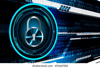 Safety concept, Closed Padlock on digital, cyber security, Blue abstract hi speed internet technology background illustration. key, sci fi vector