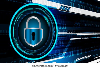 Safety concept, Closed Padlock on digital, cyber security, Blue abstract hi speed internet technology background illustration. key, sci fi vector
