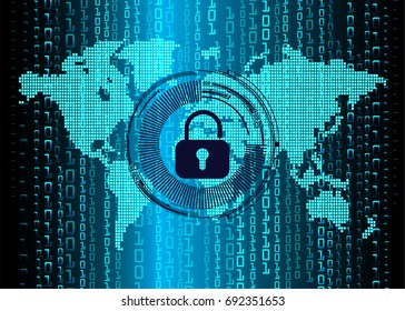 Safety concept, Closed Padlock on digital, cyber security, Blue abstract hi speed internet technology background illustration. key, sci fi vector, world map