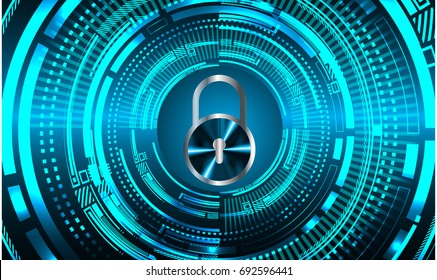 Safety concept, Closed Padlock on digital, cyber security, Blue abstract hi speed internet technology background illustration. key, sci fi vector