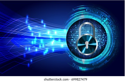 Safety concept, Closed Padlock on digital, cyber security, blue abstract hi speed internet technology background illustration. key, sci fi vector