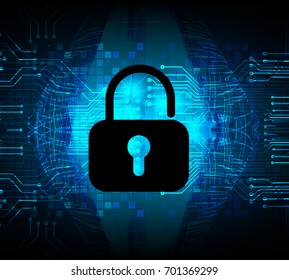 Safety concept, Closed Padlock on digital, cyber security, blue abstract hi speed internet technology background illustration. key, sci fi vector