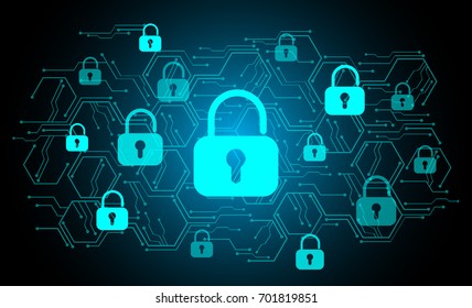 Safety concept, Closed Padlock on digital, cyber security, blue abstract hi speed internet technology background illustration. key, sci fi vector