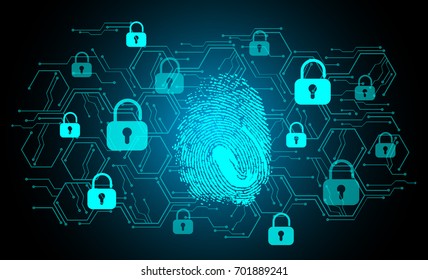Safety concept, Closed Padlock on digital, cyber security, blue abstract hi speed internet technology background illustration. key, sci fi, fingerprint. scanning. Hand print.