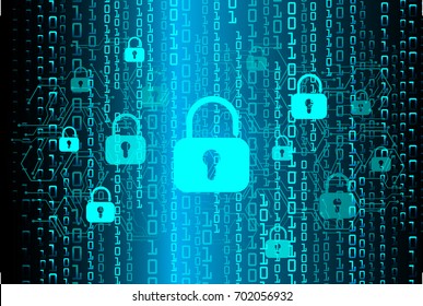 Safety concept, Closed Padlock on digital, cyber security, blue abstract hi speed internet technology background illustration. key, sci fi vector