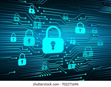 Safety concept, Closed Padlock on digital, cyber security, blue abstract hi speed internet technology background illustration. key, sci fi 