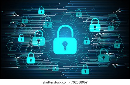Safety concept, Closed Padlock on digital, cyber security, blue abstract hi speed internet technology background illustration. key, sci fi 