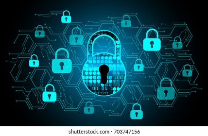 Safety concept, Closed Padlock on digital, cyber security, blue abstract hi speed internet technology background illustration. key, sci fi 