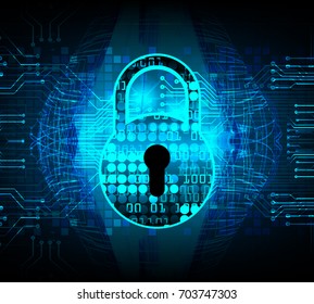 Safety concept, Closed Padlock on digital, cyber security, blue abstract hi speed internet technology background illustration. key, sci fi 