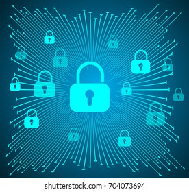 Safety concept, Closed Padlock on digital, cyber security, blue abstract hi speed internet technology background illustration. key, sci fi vector