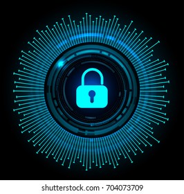 Safety concept, Closed Padlock on digital, cyber security, blue abstract hi speed internet technology background illustration. key, sci fi vector