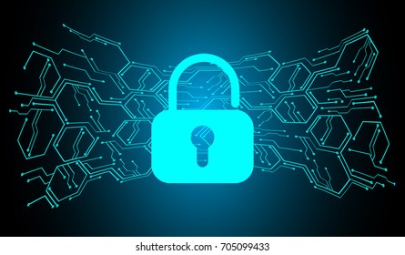 Safety concept, Closed Padlock on digital, cyber security, blue abstract hi speed internet technology background illustration. key, sci fi 