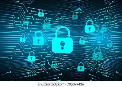 Safety concept, Closed Padlock on digital, cyber security, blue abstract hi speed internet technology background illustration. key, sci fi 