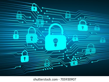 Safety concept, Closed Padlock on digital, cyber security, blue abstract hi speed internet technology background illustration. key, sci fi vector