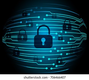 Safety concept, Closed Padlock on digital, cyber security, blue abstract hi speed internet technology background illustration. key, sci fi vector