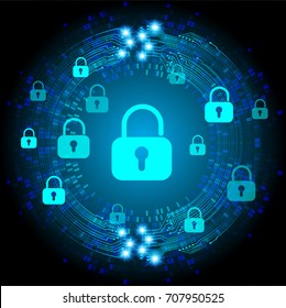 Safety concept, Closed Padlock on digital, cyber security, blue abstract hi speed internet technology background illustration. key, sci fi  vector