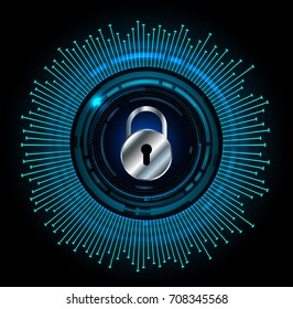 Safety concept, Closed Padlock on digital, cyber security, blue abstract hi speed internet technology background illustration. key, sci fi vector