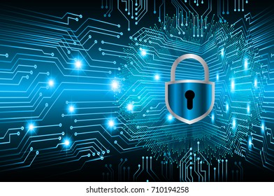 Safety concept, Closed Padlock on digital, cyber security, blue abstract hi speed internet technology background illustration. key, sci fi
