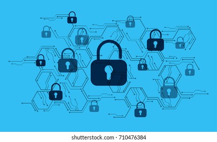 Safety concept, Closed Padlock on digital, cyber security, blue abstract hi speed internet technology background illustration. key, sci fi vector