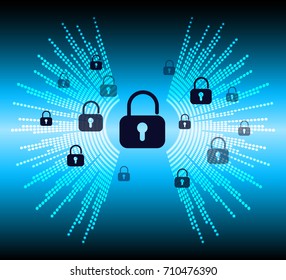 Safety concept, Closed Padlock on digital, cyber security, blue abstract hi speed internet technology background illustration. key, sci fi vector