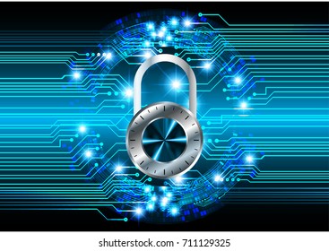 Safety concept, Closed Padlock on digital, cyber security, blue abstract hi speed internet technology background illustration. key, sci fi vector