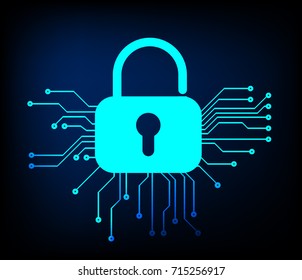 Safety concept, Closed Padlock on digital, cyber security, blue abstract hi speed internet technology background illustration. key, sci fi vector