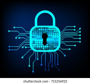 Safety concept, Closed Padlock on digital, cyber security, blue abstract hi speed internet technology background illustration. key, sci fi vector