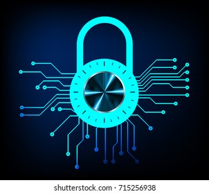 Safety concept, Closed Padlock on digital, cyber security, blue abstract hi speed internet technology background illustration. key, sci fi vector