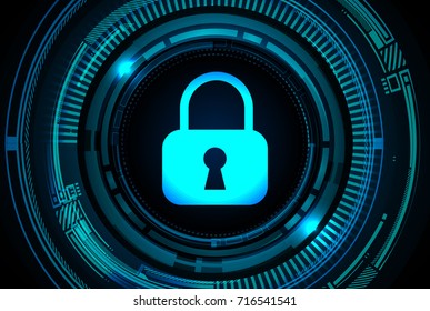Safety concept, Closed Padlock on digital, cyber security, blue abstract hi speed internet technology background illustration. key, secure sci fi vector