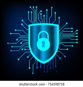 Safety concept, Closed Padlock on digital, cyber security, blue abstract hi speed internet technology background illustration. key, secure sci fi vector