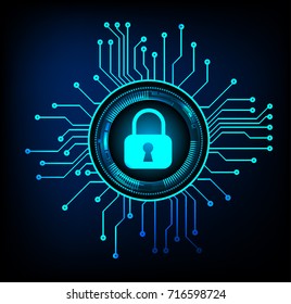 Safety concept, Closed Padlock on digital, cyber security, blue abstract hi speed internet technology background illustration. key, secure sci fi vector