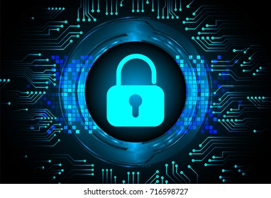 Safety concept, Closed Padlock on digital, cyber security, blue abstract hi speed internet technology background illustration. key, secure sci fi vector