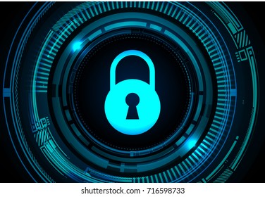Safety concept, Closed Padlock on digital, cyber security, blue abstract hi speed internet technology background illustration. key, secure sci fi vector