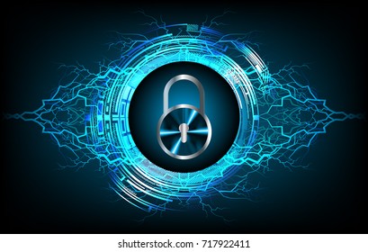 Safety concept, Closed Padlock on digital, cyber security, blue abstract hi speed internet technology background illustration. key, secure sci fi vector