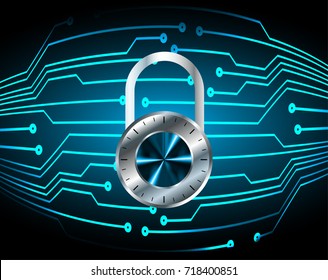 Safety concept, Closed Padlock on digital, cyber security, blue abstract hi speed internet technology background illustration. key, secure sci fi vector