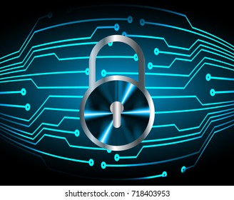 Safety concept, Closed Padlock on digital, cyber security, blue abstract hi speed internet technology background illustration. key, secure sci fi vector
