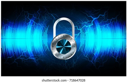 Safety concept, Closed Padlock on digital, cyber security, blue abstract hi speed internet technology background illustration. key, secure sci fi vector