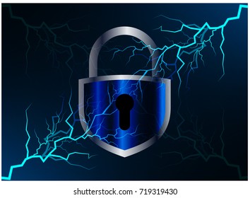 Safety concept, Closed Padlock on digital, cyber security, blue abstract hi speed internet technology background illustration. key, secure sci fi vector, bolt