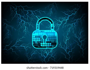 Safety concept, Closed Padlock on digital, cyber security, blue abstract hi speed internet technology background illustration. key, secure sci fi vector, bolt