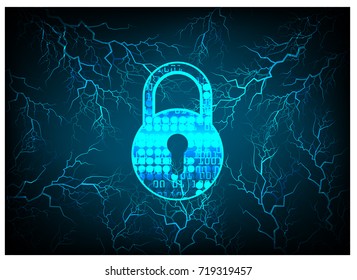 Safety concept, Closed Padlock on digital, cyber security, blue abstract hi speed internet technology background illustration. key, secure sci fi vector, bolt