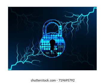 Safety concept, Closed Padlock on digital, cyber security, blue abstract hi speed internet technology background illustration. key, secure sci fi bolt, thunderbolt, shaft