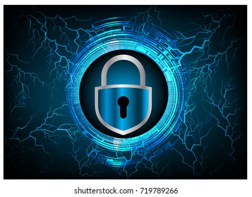 Safety concept, Closed Padlock on digital, cyber security, blue abstract hi speed internet technology background illustration. key, secure sci fi bolt, thunderbolt, shaft vector