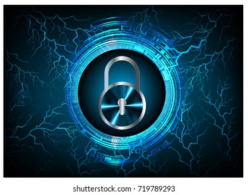 Safety concept, Closed Padlock on digital, cyber security, blue abstract hi speed internet technology background illustration. key, secure sci fi bolt, thunderbolt, shaft vector