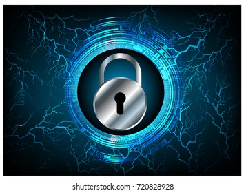 Safety concept, Closed Padlock on digital, cyber security, blue abstract hi speed internet technology background illustration. key, secure sci fi bolt, thunderbolt, shaft vector