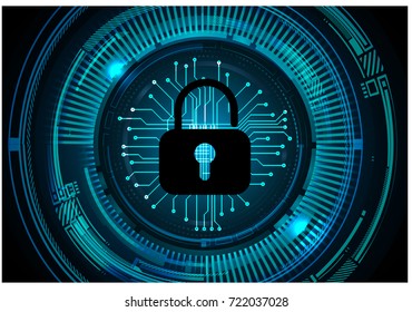 Safety concept, Closed Padlock on digital, cyber security, blue abstract hi speed internet technology background illustration. key, secure sci fi vector