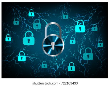 Safety concept, Closed Padlock on digital, cyber security, blue abstract hi speed internet technology background illustration. key, secure sci fi bolt, thunderbolt, shaft vector