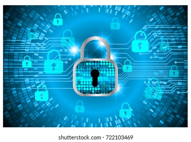 Safety concept, Closed Padlock on digital, cyber security, blue abstract hi speed internet technology background illustration. key, secure sci fi vector
