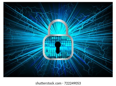 Safety concept, Closed Padlock on digital, cyber security, blue abstract hi speed internet technology background illustration. key, secure sci fi bolt, thunderbolt, shaft vector